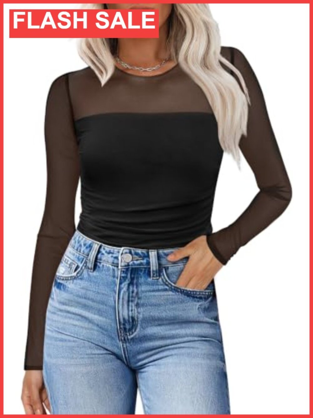 Women Sheer Mesh Long Sleeve Ruched Blouse Sexy Date Night Top